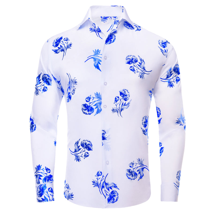 White Blue Floral Silk Dress Shirt shirt S   - Sophisticated Gentlemen