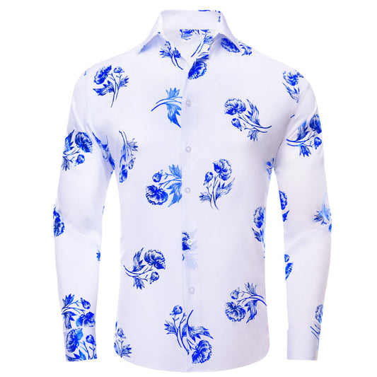 White Blue Floral Silk Dress Shirt shirt S   - Sophisticated Gentlemen