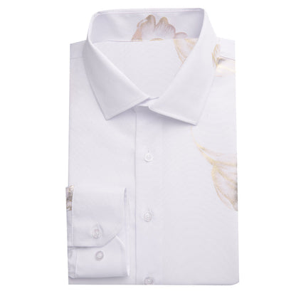 White Golden Floral Pattern Silk Dress Shirt shirt    - Sophisticated Gentlemen