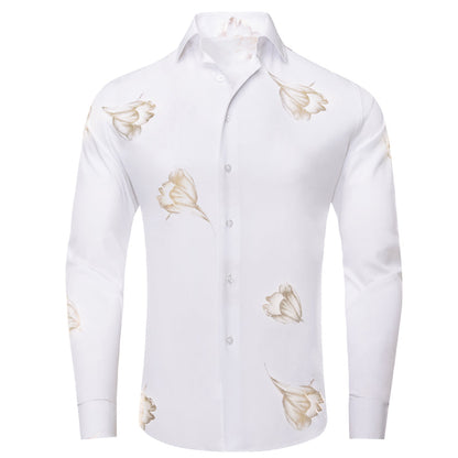 White Golden Floral Pattern Silk Dress Shirt shirt S   - Sophisticated Gentlemen