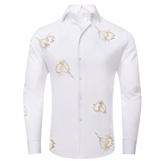 White Golden Floral Pattern Silk Dress Shirt shirt S   - Sophisticated Gentlemen