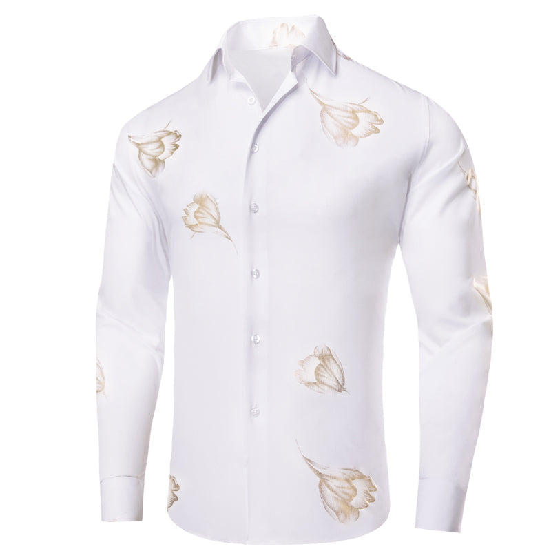 White Golden Floral Pattern Silk Dress Shirt shirt    - Sophisticated Gentlemen