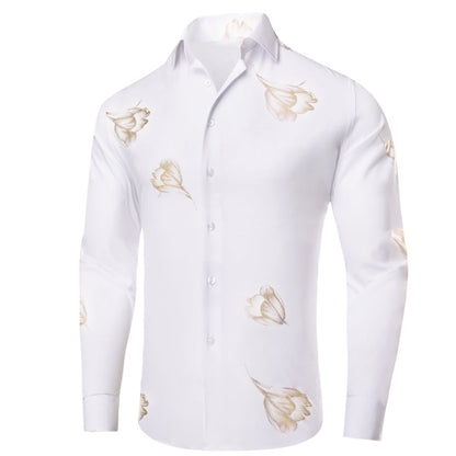 White Golden Floral Pattern Silk Dress Shirt shirt    - Sophisticated Gentlemen