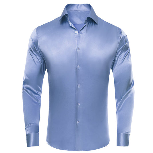Pale Blue Solid Satin Silk Dress Shirt shirt S   - Sophisticated Gentlemen