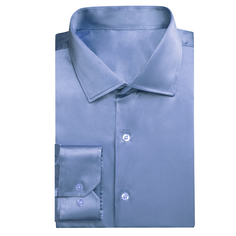 Pale Blue Solid Satin Silk Dress Shirt shirt    - Sophisticated Gentlemen