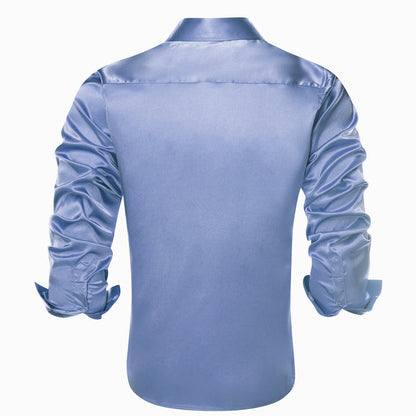 Pale Blue Solid Satin Silk Dress Shirt shirt    - Sophisticated Gentlemen