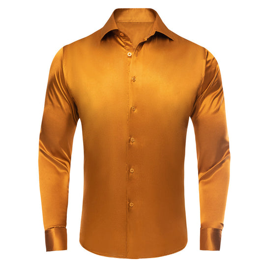 Golden Yellow Solid Satin Silk Dress Shirt shirt S   - Sophisticated Gentlemen