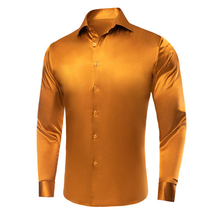 Golden Yellow Solid Satin Silk Dress Shirt shirt    - Sophisticated Gentlemen