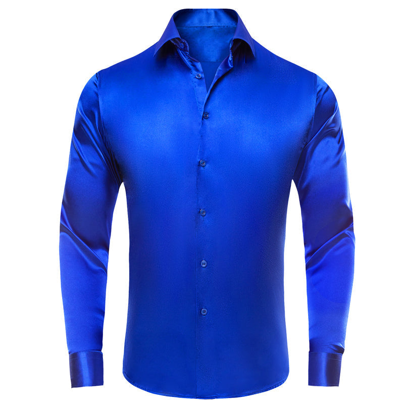Klein Blue Solid Satin Silk Dress Shirt shirt S   - Sophisticated Gentlemen