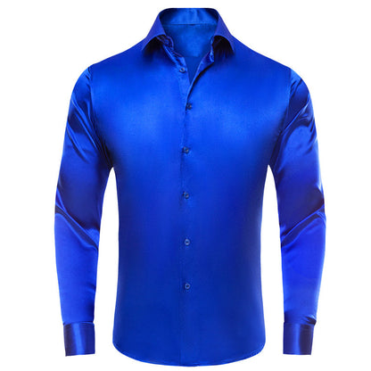 Klein Blue Solid Satin Silk Dress Shirt shirt S   - Sophisticated Gentlemen