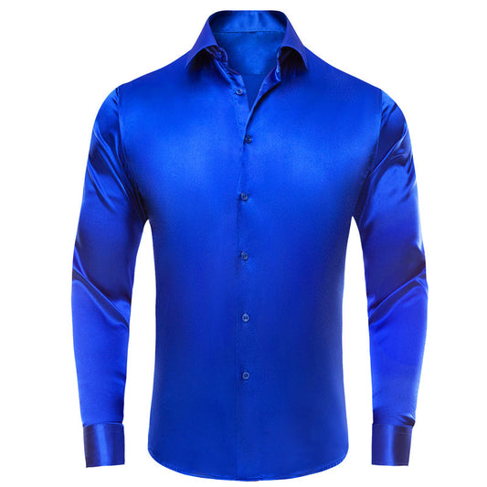 Klein Blue Solid Satin Silk Dress Shirt shirt S   - Sophisticated Gentlemen