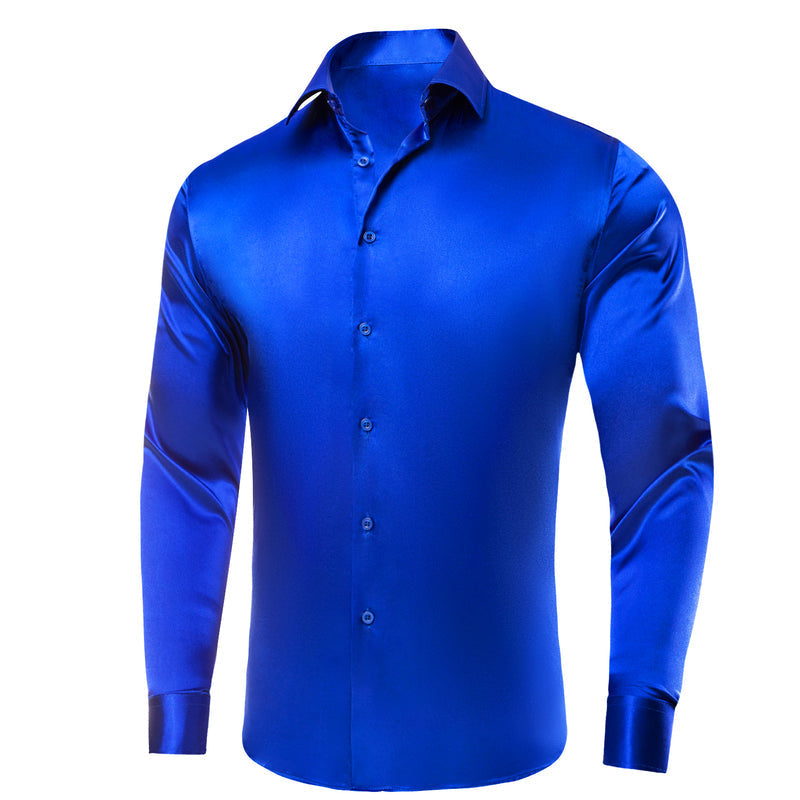 Klein Blue Solid Satin Silk Dress Shirt shirt    - Sophisticated Gentlemen