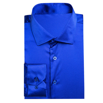 Klein Blue Solid Satin Silk Dress Shirt shirt    - Sophisticated Gentlemen