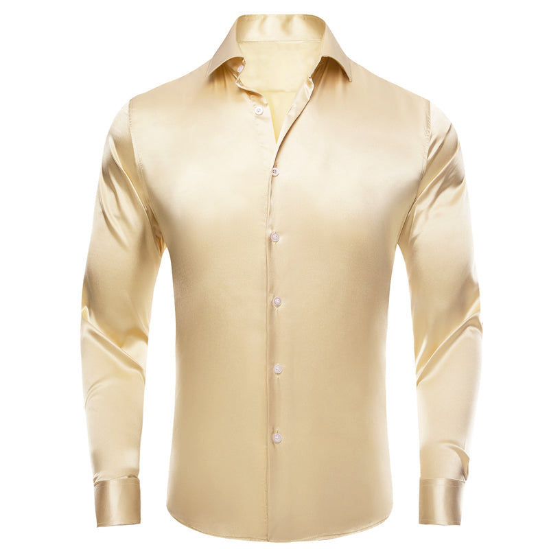 Beige Solid Satin Silk Dress Shirt shirt S   - Sophisticated Gentlemen