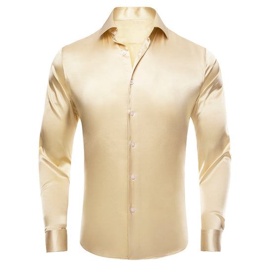 Beige Solid Satin Silk Dress Shirt shirt S   - Sophisticated Gentlemen