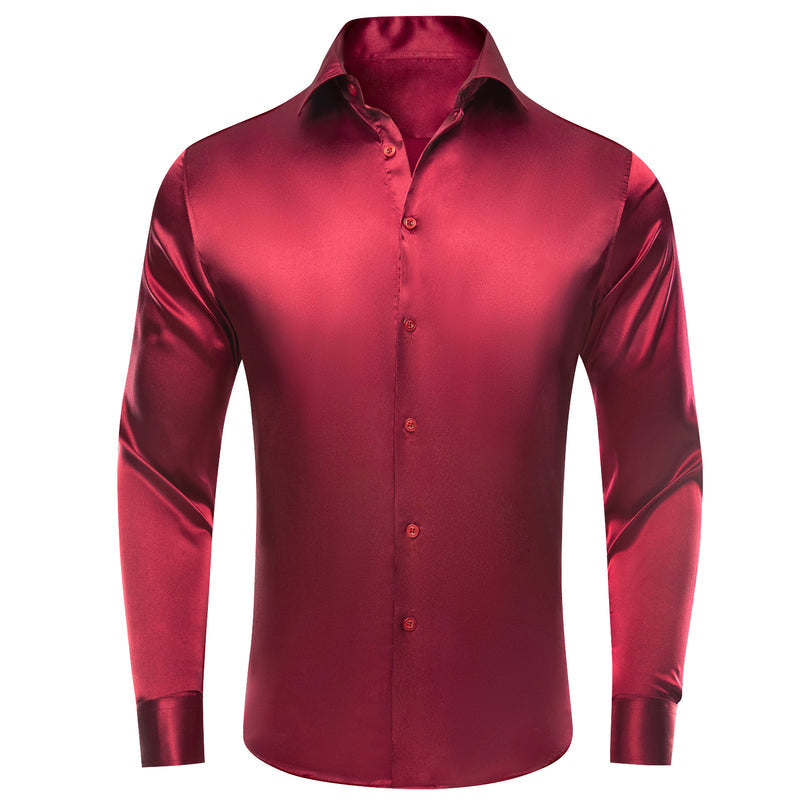 Burgundy Red Solid Satin Silk Dress Shirt shirt S   - Sophisticated Gentlemen