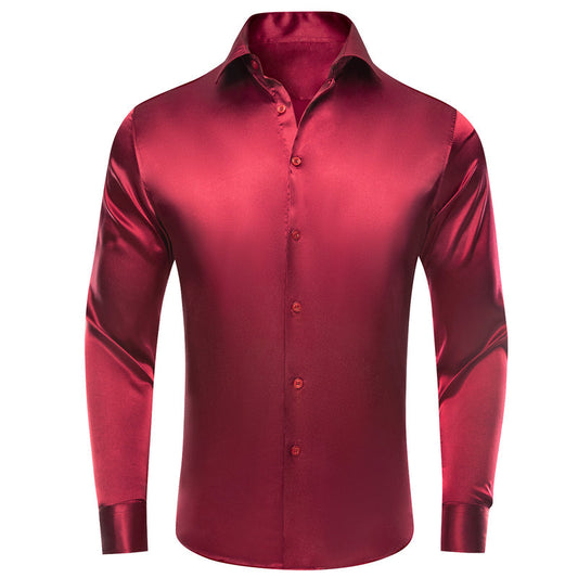 Burgundy Red Solid Satin Silk Dress Shirt shirt S   - Sophisticated Gentlemen