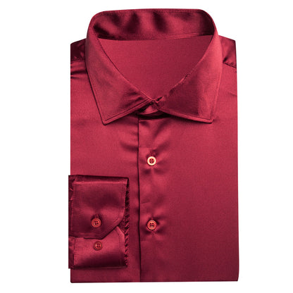 Burgundy Red Solid Satin Silk Dress Shirt shirt    - Sophisticated Gentlemen