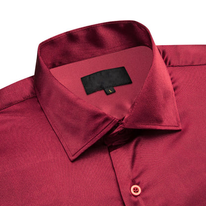 Burgundy Red Solid Satin Silk Dress Shirt shirt    - Sophisticated Gentlemen