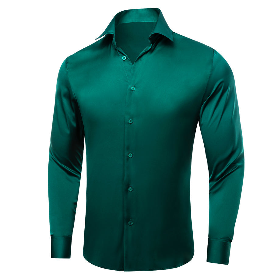 Dark Green Solid Satin Chiffon Non-Stretch Dress Shirt shirt    - Sophisticated Gentlemen