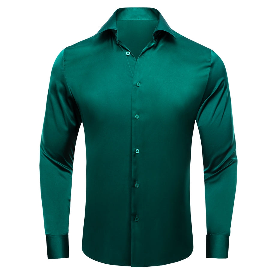 Dark Green Solid Satin Chiffon Non-Stretch Dress Shirt shirt S   - Sophisticated Gentlemen