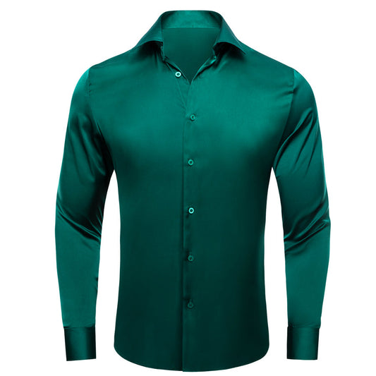Dark Green Solid Satin Chiffon Non-Stretch Dress Shirt shirt S   - Sophisticated Gentlemen