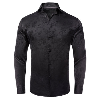 Pure Black Paisley Silk Dress Shirt shirt S   - Sophisticated Gentlemen