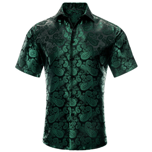 Emerald Green Black Paisley Silk Dress Shirt shirt S   - Sophisticated Gentlemen