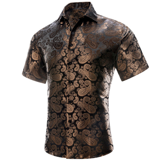 Brown Black Paisley Silk Dress Shirt shirt S   - Sophisticated Gentlemen