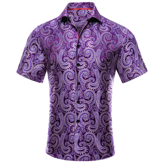 Purple White Paisley Silk Dress Shirt shirt S   - Sophisticated Gentlemen