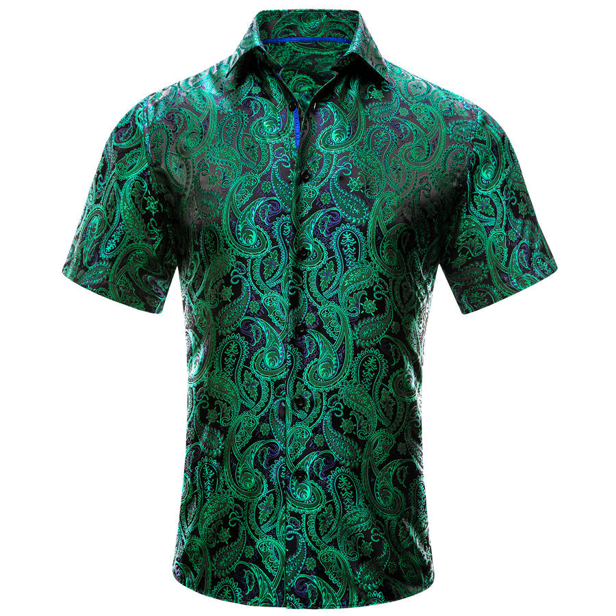Emerald Green Blue Paisley Silk Dress Shirt shirt S   - Sophisticated Gentlemen