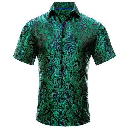 Emerald Green Blue Paisley Silk Dress Shirt shirt S   - Sophisticated Gentlemen