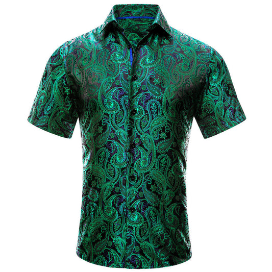 Emerald Green Blue Paisley Silk Dress Shirt shirt S   - Sophisticated Gentlemen