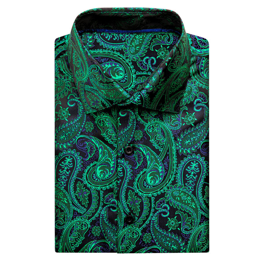 Emerald Green Blue Paisley Silk Dress Shirt shirt    - Sophisticated Gentlemen