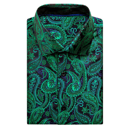 Emerald Green Blue Paisley Silk Dress Shirt shirt    - Sophisticated Gentlemen