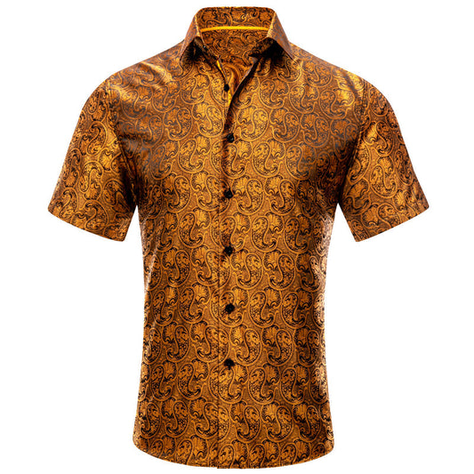 Golden Black Paisley Silk Dress Shirt shirt S   - Sophisticated Gentlemen