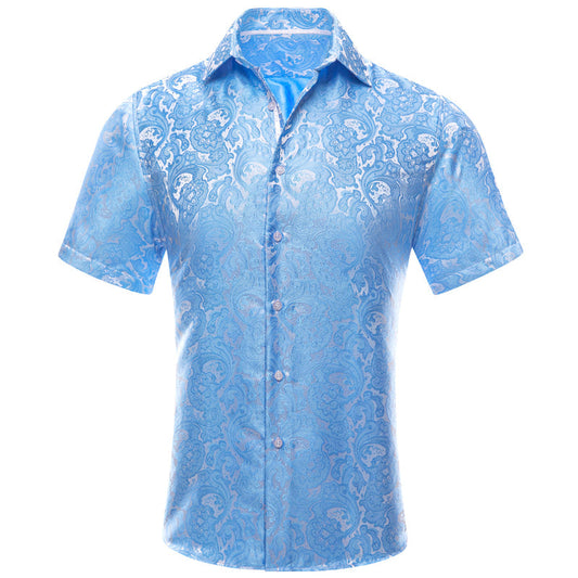 Sky Blue Paisley Floral Silk Dress Shirt shirt S   - Sophisticated Gentlemen