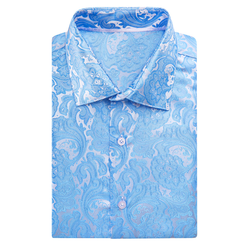 Sky Blue Paisley Floral Silk Dress Shirt shirt    - Sophisticated Gentlemen