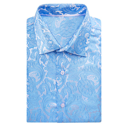 Sky Blue Paisley Floral Silk Dress Shirt shirt    - Sophisticated Gentlemen