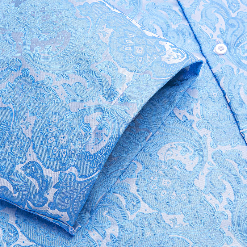 Sky Blue Paisley Floral Silk Dress Shirt shirt    - Sophisticated Gentlemen