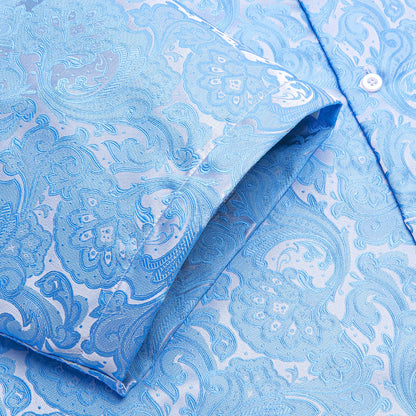 Sky Blue Paisley Floral Silk Dress Shirt shirt    - Sophisticated Gentlemen