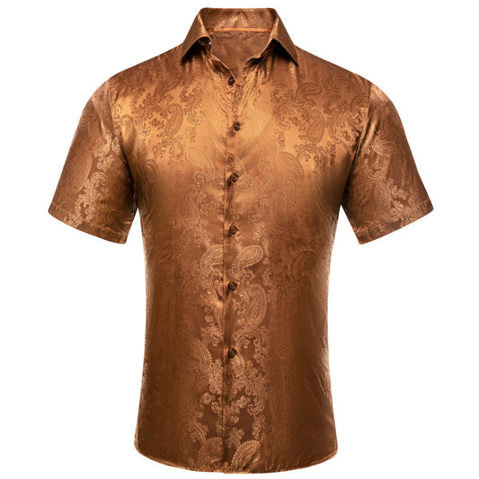 Brown Paisley Silk Dress Shirt shirt S   - Sophisticated Gentlemen