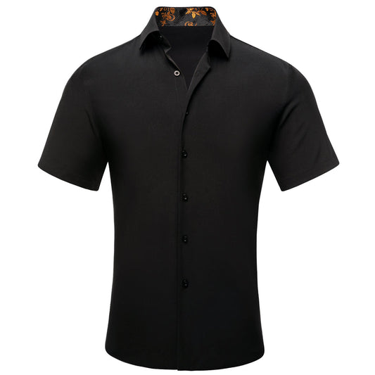 Black With Gold Yellow Floral Leaf Silk Dress Shirt shirt S   - Sophisticated Gentlemen
