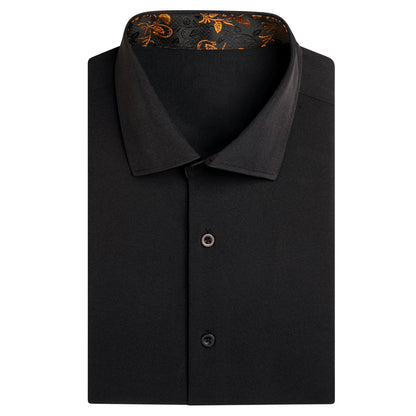 Black With Gold Yellow Floral Leaf Silk Dress Shirt shirt    - Sophisticated Gentlemen
