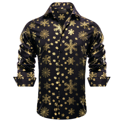 Black Christmas Golden Snowflake Novelty Dress Shirt shirt S   - Sophisticated Gentlemen