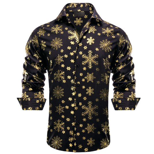Black Christmas Golden Snowflake Novelty Dress Shirt shirt S   - Sophisticated Gentlemen