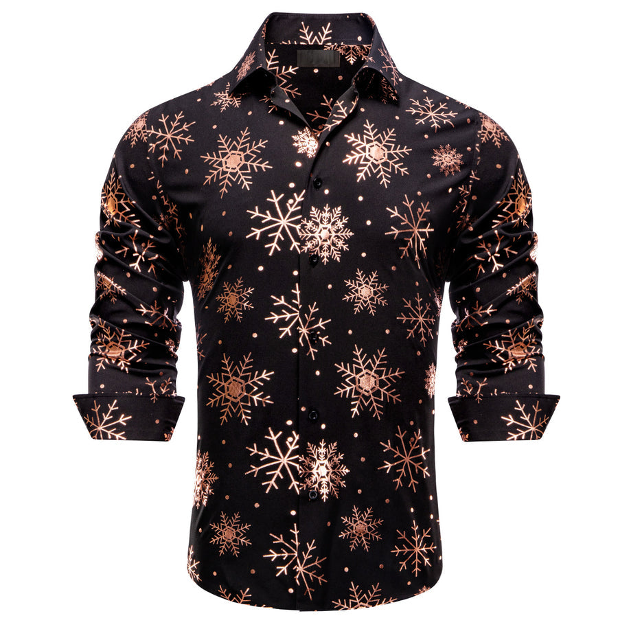 Black Christmas Rose Golden Snowflake Novelty Dress Shirt shirt S   - Sophisticated Gentlemen