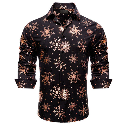 Black Christmas Rose Golden Snowflake Novelty Dress Shirt shirt S   - Sophisticated Gentlemen