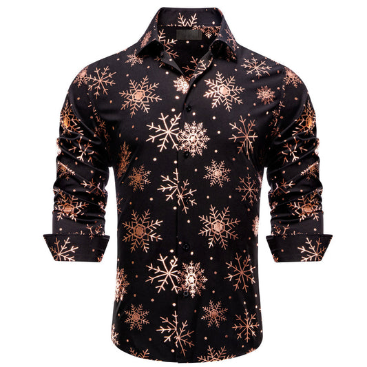 Black Christmas Rose Golden Snowflake Novelty Dress Shirt shirt S   - Sophisticated Gentlemen