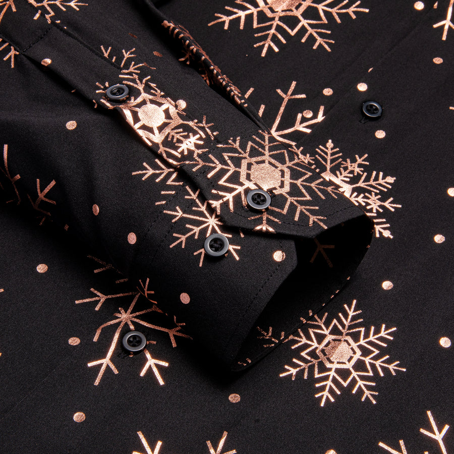 Black Christmas Rose Golden Snowflake Novelty Dress Shirt shirt    - Sophisticated Gentlemen